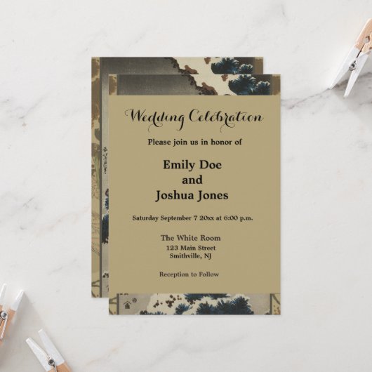 Invitation Grues sur un pin couvert de neige Hokusai (Devant/Arrière en situation)