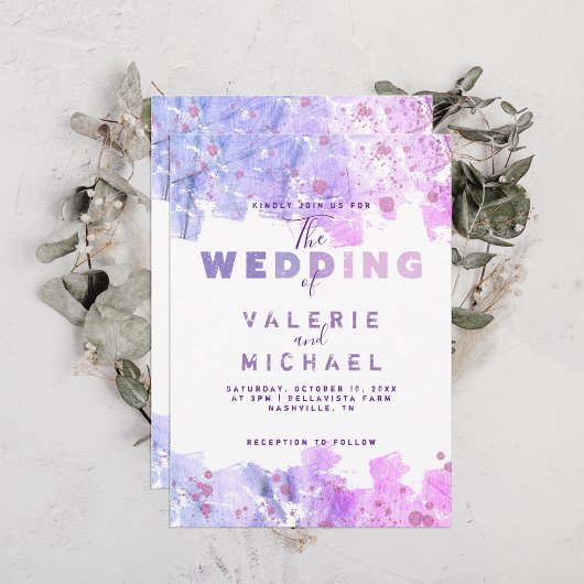 Invitation Grunge artistique moderne Mariage rose et violet