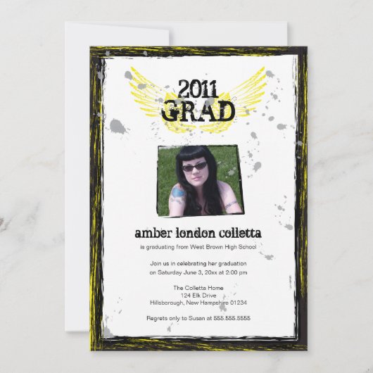 Invitation Grunge Black and Yellow Wings Graduation (Devant)