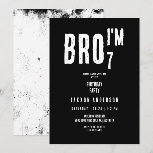 Invitation Grunge Black & White Boy Birthday Party (Devant / Derrière)