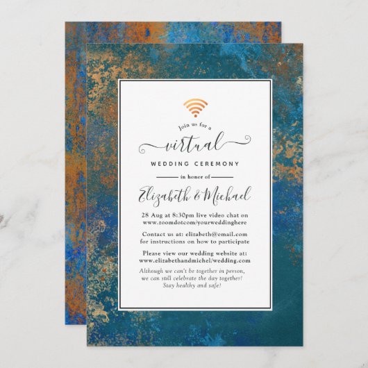 Invitation Grunge Cuivre Patina & Turquoise Mariage virtuel (Devant / Derrière)