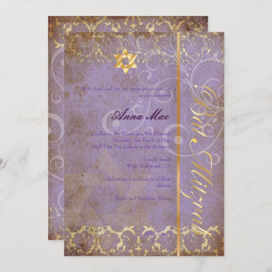 Invitation Grunge Damask Bat mitzvah/lilas/or (Devant / Derrière)