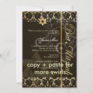 Invitation Grunge Damask Bat mitzvah/noir/or