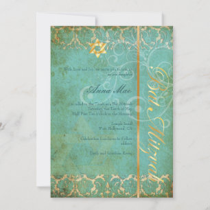 Invitation Grunge Damask Bat mitzvah/turquoise/or