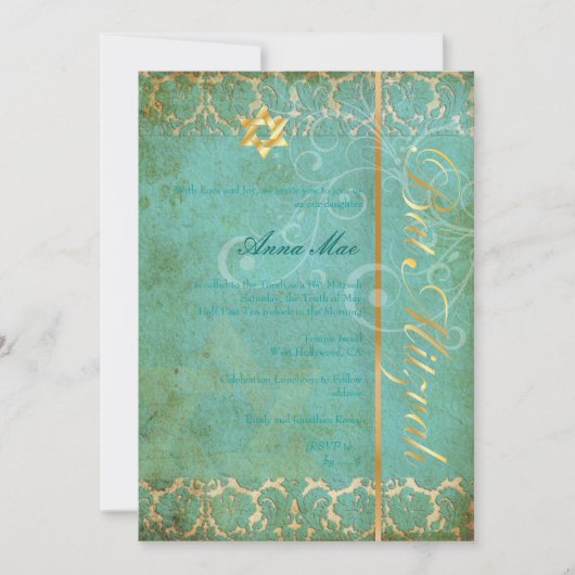 Invitation Grunge Damask Bat mitzvah/turquoise/or (Devant)