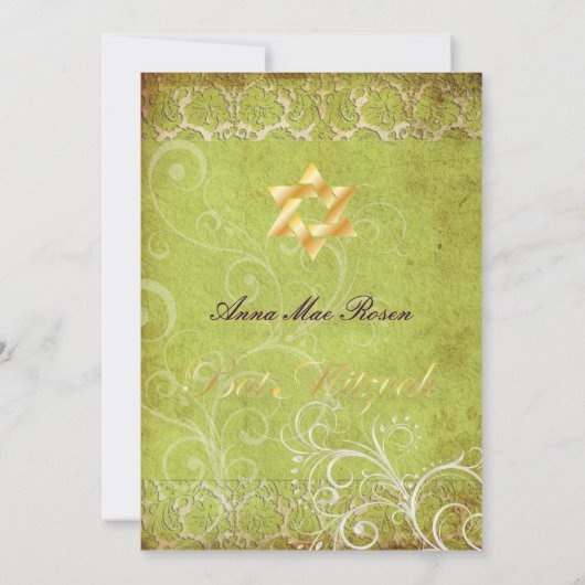 Invitation Grunge Damask Bat mitzvah/vert/or (Dos)