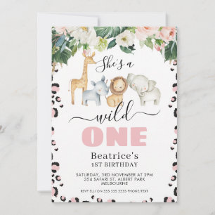 Invitation Guépard Rose Fille Premier Anniversaire Sauvage