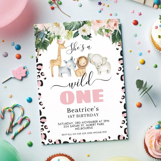 Invitation Guépard Rose Fille Premier Anniversaire Sauvage
