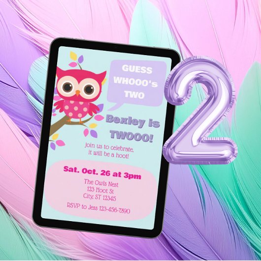 Invitation Guess Who's Two, Pink Owl 2nd Birthday