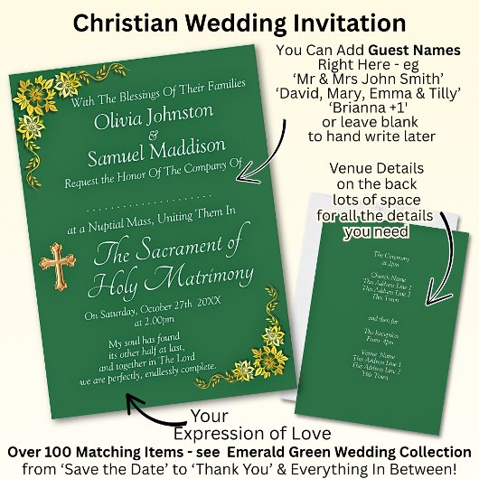 Invitation Guest Names, Christian Emerald Green & Gold