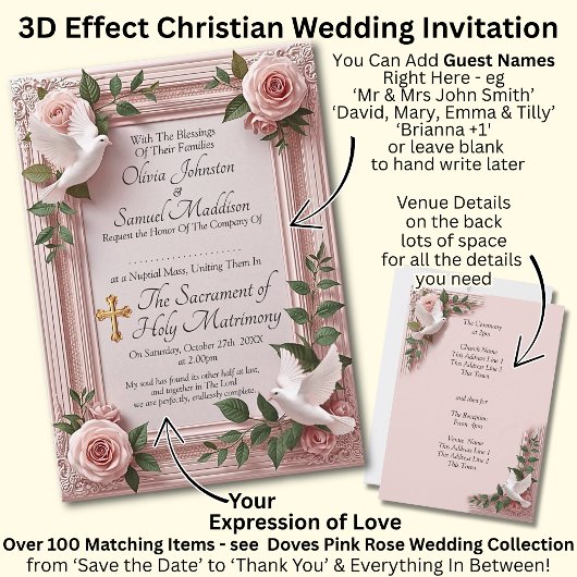 Invitation Guest Names, Christian Pink Roses & Doves Wedding 