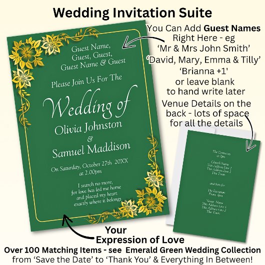 Invitation Guest Names, Emerald Green & Gold Wedding