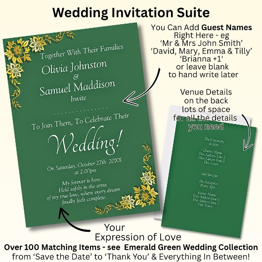 Invitation Guest Names, Emerald Green & Gold Wedding