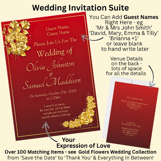 Invitation Guest Names, Gold Roses Maroon Red Wedding