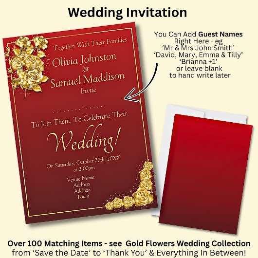 Invitation Guest Names, Gold Roses Maroon Red Wedding 