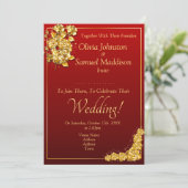 Invitation Guest Names, Gold Roses Maroon Red Wedding  (Debout devant)