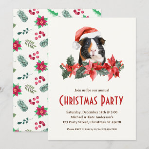 Invitation Guinée Cochon Santa Hat Poinsettias Noël