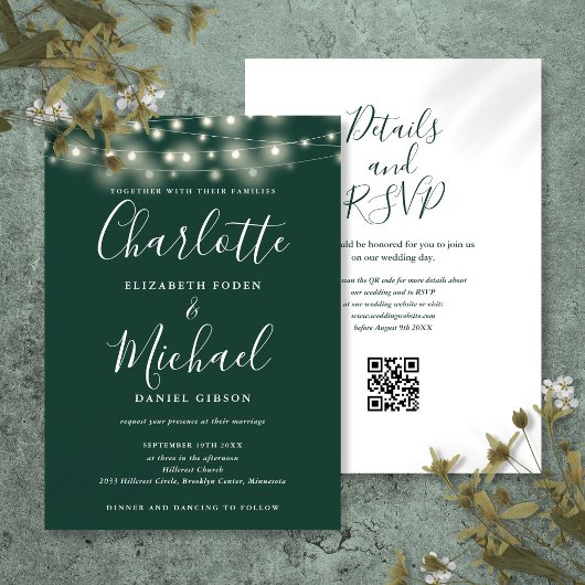 Invitation Guirlande de lumières de mariage Code QR Vert Emer