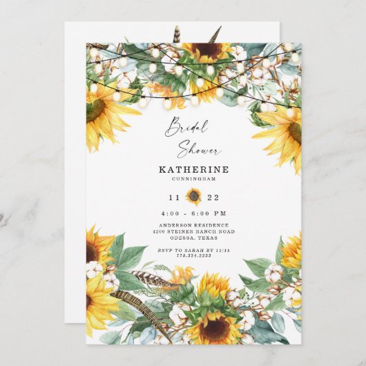 Invitation Guirlande de lumières de tournesol luxuriant rusti (Devant / Derrière)