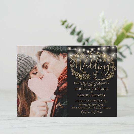 Invitation Guirlande de lumières dorées pour mariage en photo (Debout devant)