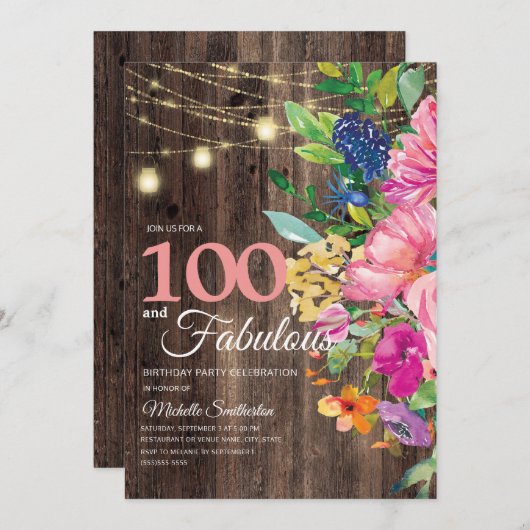 Invitation Guirlande de lumières florales roses en bois rusti (Devant / Derrière)