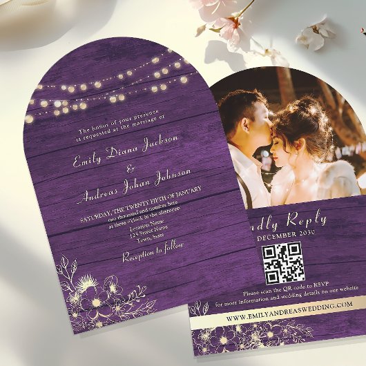 Invitation Guirlande de lumières rustique violet Code QR mari