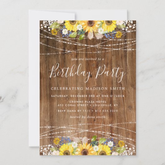 Invitation Guirlande de tournesols rustiques pour fête d'anni (Devant)
