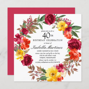 Invitation Guirlande florale orange bordeaux 40e anniversaire