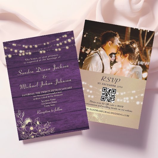 Invitation Guirlande Lumineuse en Bois Rustique Violet Code Q