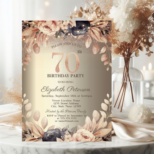 Invitation Guirlande Lumineuse Florale Élégante 70 ans Annive