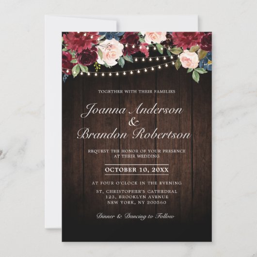 Invitation Guirlande lumineuse florale en bois rustique borde (Devant)