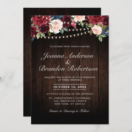 Invitation Guirlande lumineuse florale en bois rustique borde (Devant / Derrière)