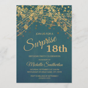 Invitation Guirlande lumineuse sarcelle or pour 18e anniversa