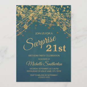 Invitation Guirlande lumineuse sarcelle or pour 21e anniversa