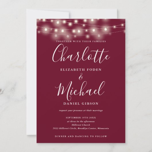 Invitation Guirlande Lumineuse Script Code QR Mariage Bordeau (Devant)