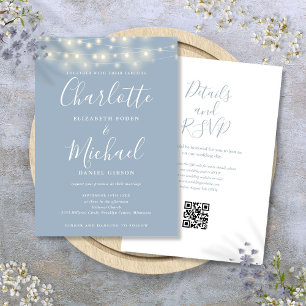 Invitation Guirlande Lumineuse Texte Bleu Poussiéreux Code QR