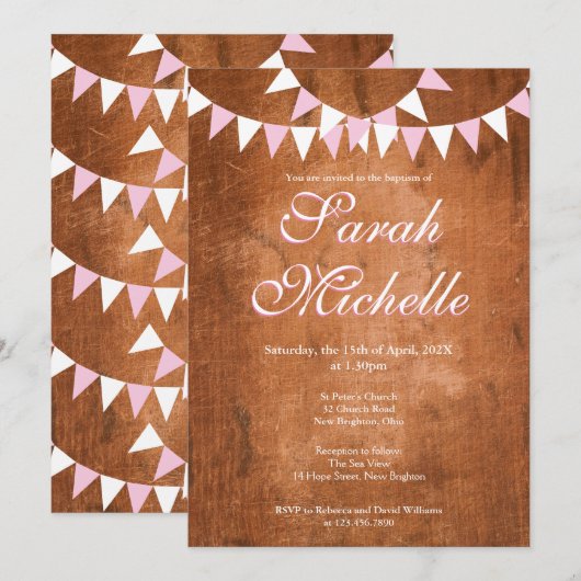 Invitation Guirlande Rose Rustique Vintage Baptême (Devant / Derrière)