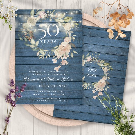 Invitation Guirlandes lumineuses en bois bleu 50 ans