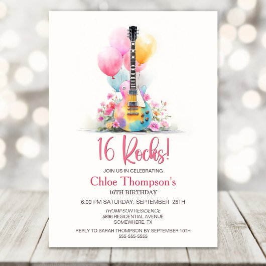 Invitation Guitar with Balloons 16th Birthday Party