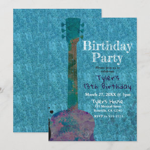 Invitation Guitare Aquarelle Bleue Fête Musicale Anniversaire