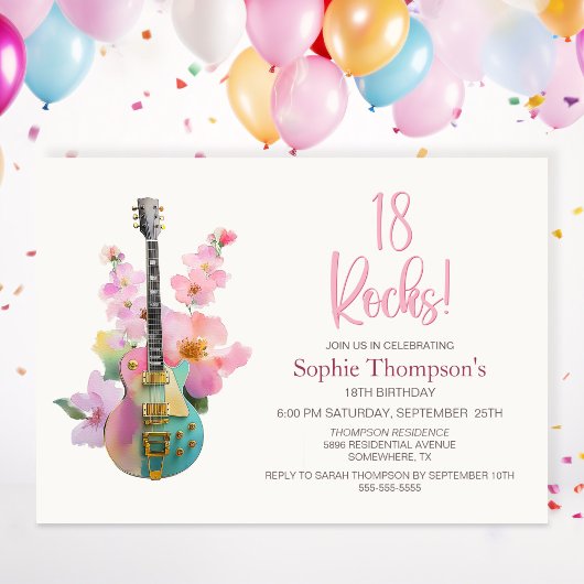 Invitation Guitare électrique Boho rose florale 18e anniversa