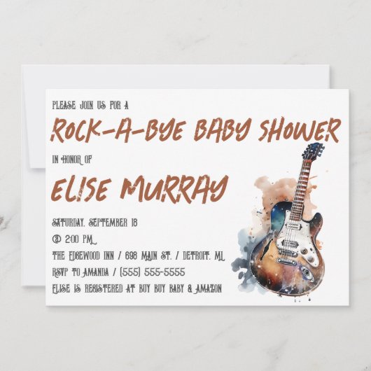 Invitation Guitare, Musique, Baby shower Rock-A-Bye (Devant)