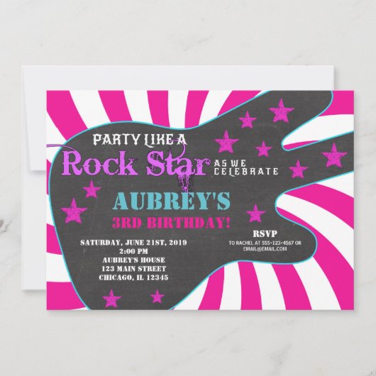 Invitation Guitare rock star rose noir fille anniversaire (Devant)