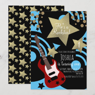 Invitation Guitare Rockstar Garçon Fausse Étoile en Or Doré p