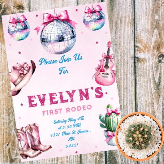Invitation Guitare rose Cowboy Party Cactus Anniversaire
