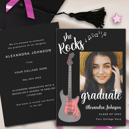 Invitation Guitare Rose Script Moderne Photo de Diplômée