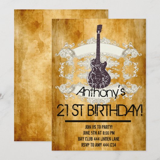 Invitation Guitare vintage Rock Star 21e anniversaire Invitat (Devant / Derrière)