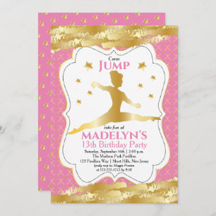 Invitation Gymnaste rose   Gold Stars Girl Birthday Party