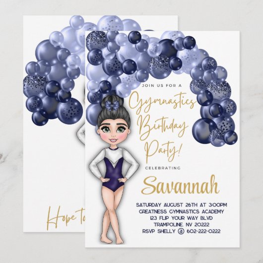 Invitation Gymnastique Anniversaire avec Bleu Balloon Arch (Devant / Derrière)