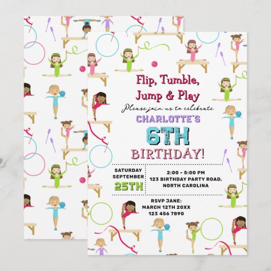 Invitation Gymnastique Enfants Fille Anniversaire Thème de fê (Devant / Derrière)